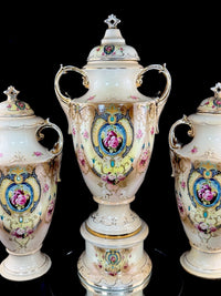 Thumbnail for Antique English Alton Ware Urns Set Hand Painted Roses Gilded Porcelain Vase Set2