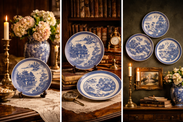 Spode Danbury Mint Willow Pattern Plates x3 Temple Landscape antique Blue White 0