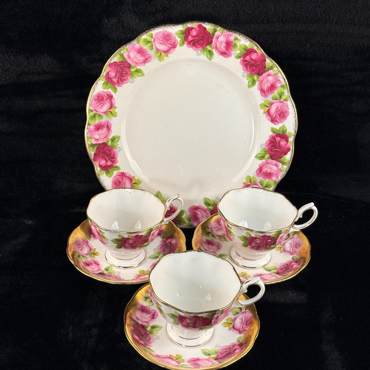 Royal Albert Pink Rose tea set of 3 &serving plate England stunning 7p tea set 17