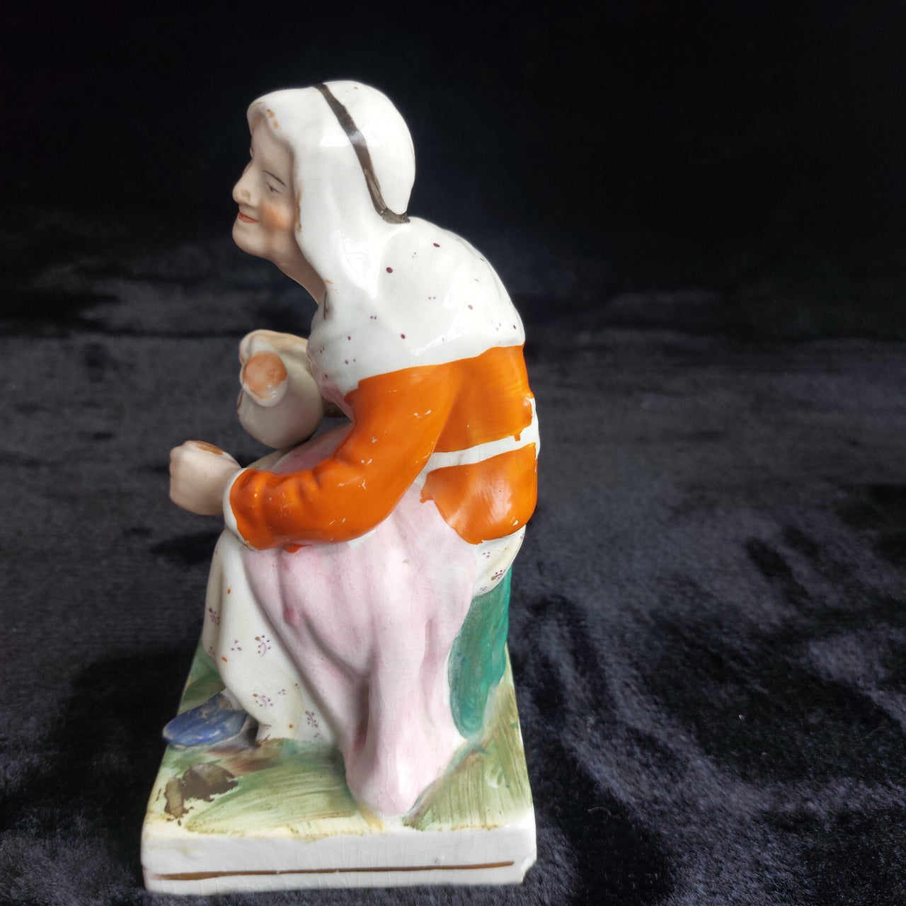 Classic Staffordshire Figurine 6.5" Seated Woman Jug Pink Apron antique Medium5