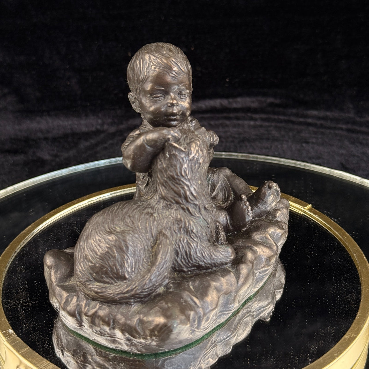 Vintage Bronze signed Baby with Dog Sculpture – 4.5" Wide 4" Tall Figurine gift9