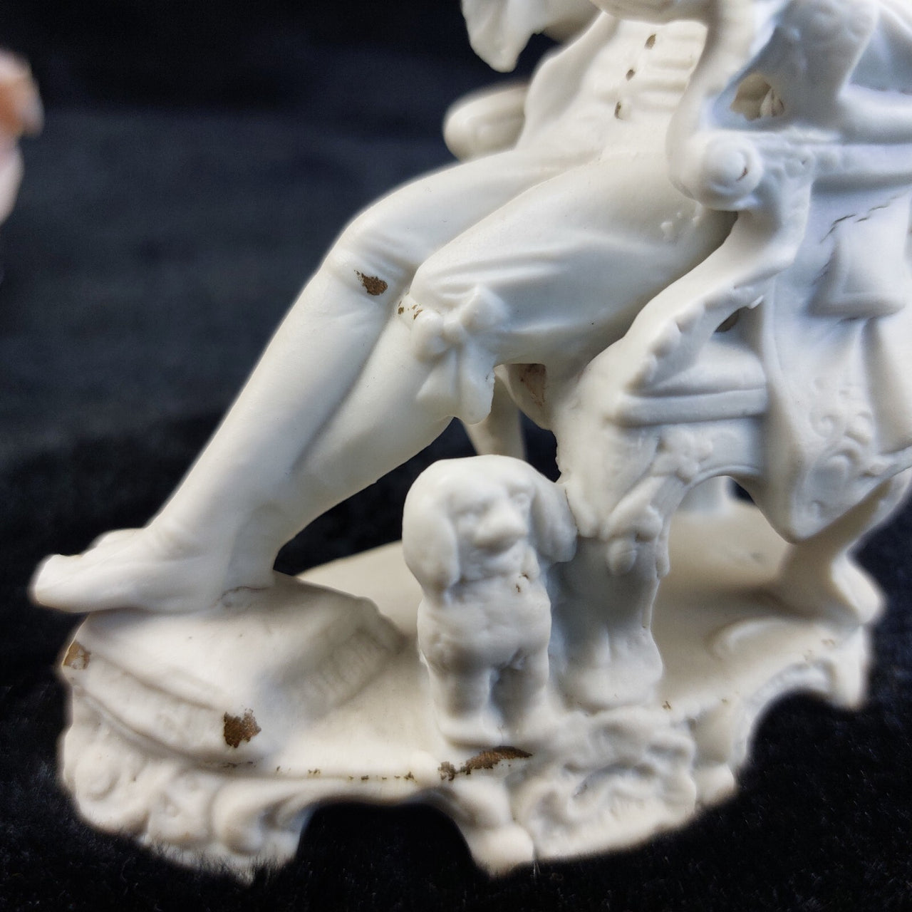 Antique Figurine Bisque 4in Seated Man with Dog White Porcelain Worn & Damaged5
