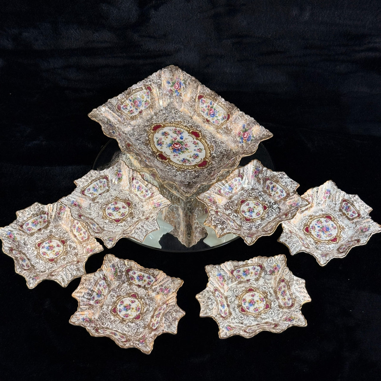 James Pompadour Kent Chelsea Bowls x6 Center Dish Vintage Floral Gilt Set Large14