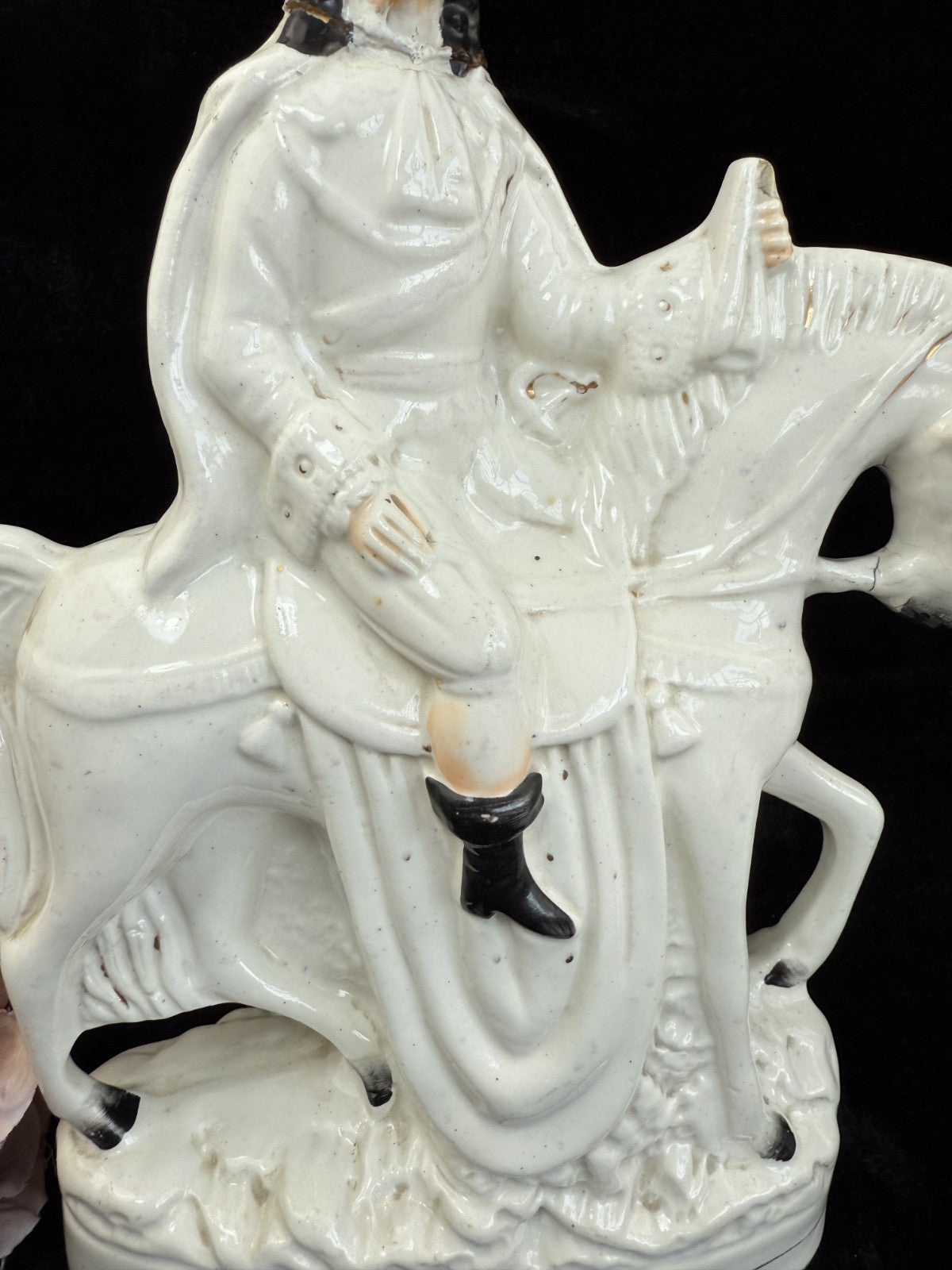 Antique Porcelain Staffordshire Cavalier- Horse Figurine Pair decor see one head12