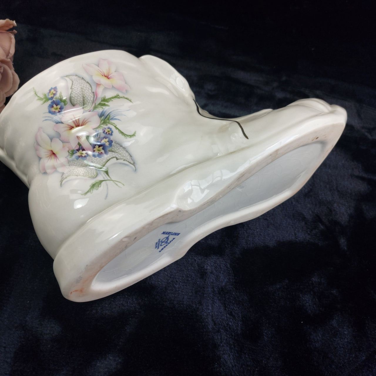 Maryleigh Pottery Floral Boot Vase Gilded Staffordshire 12" Porcelain White7