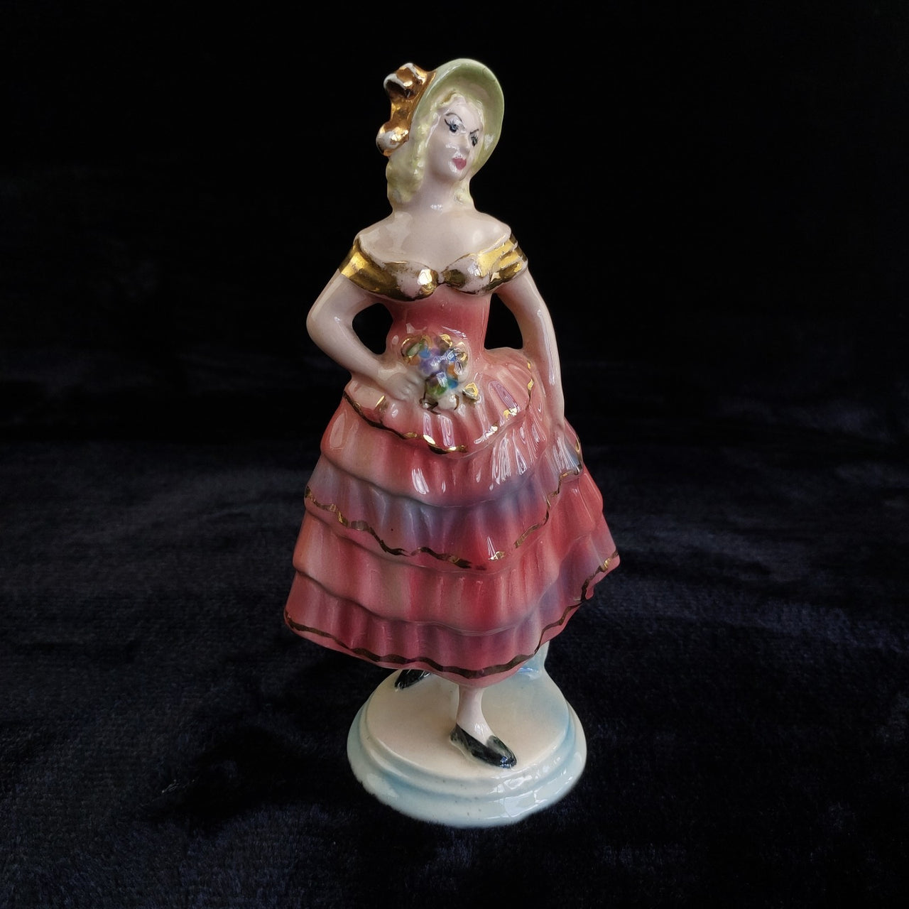 Vintage rare Porcelain Lady Figurine Ruffled Pink Dress Gold Accents Unbranded0