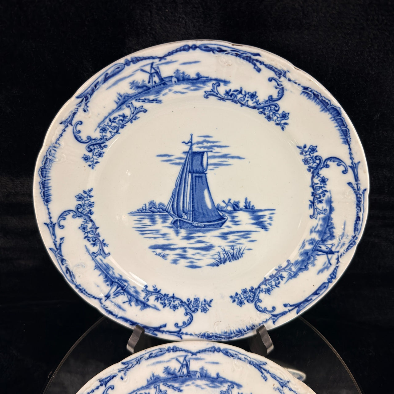 1890s plate antique Delph Blue & White Transferware Plates Sailboat Scene x2 UK13