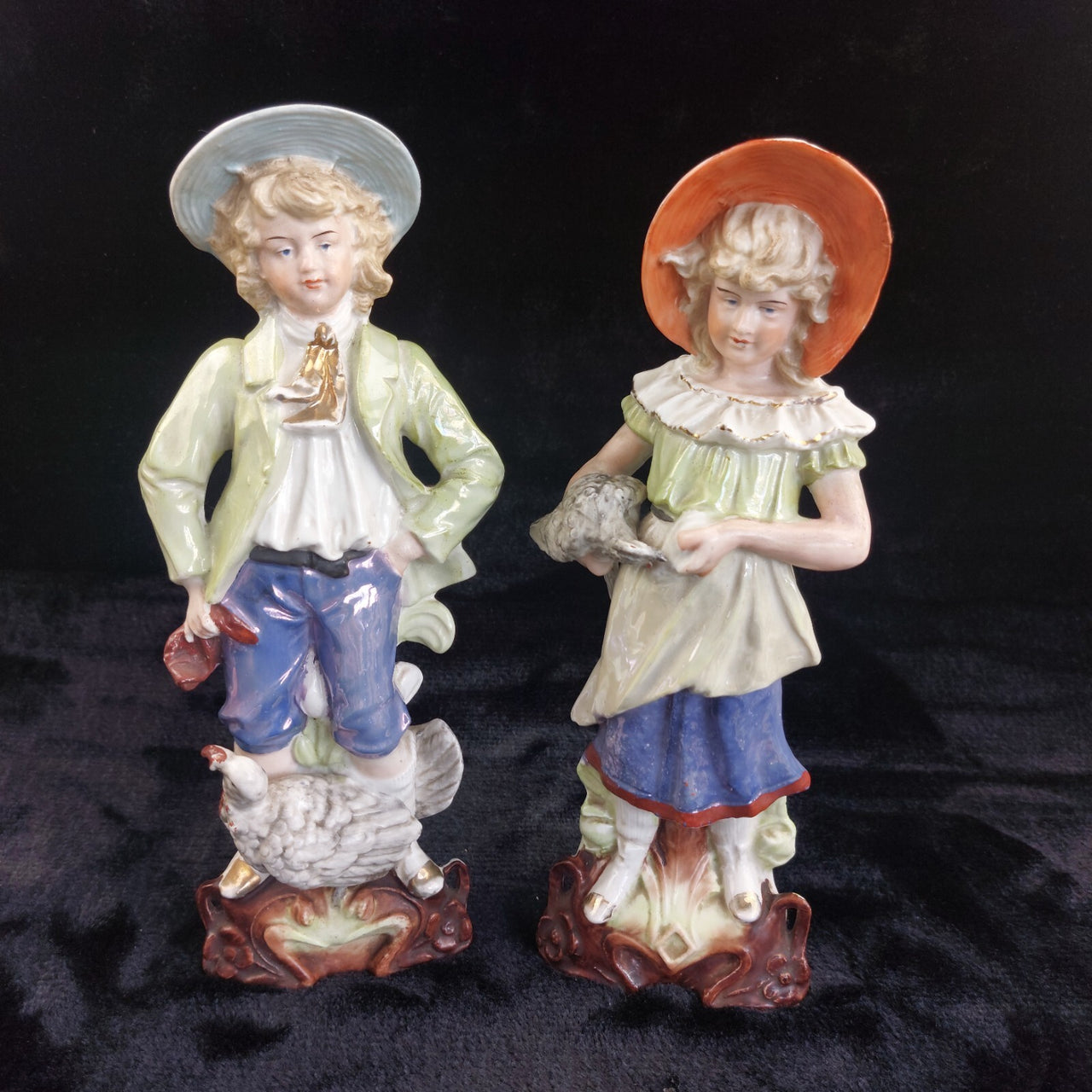 Antique Porcelain Boy & Girl Figurines Pair Poultry Chicken Farmyard 10.5"2