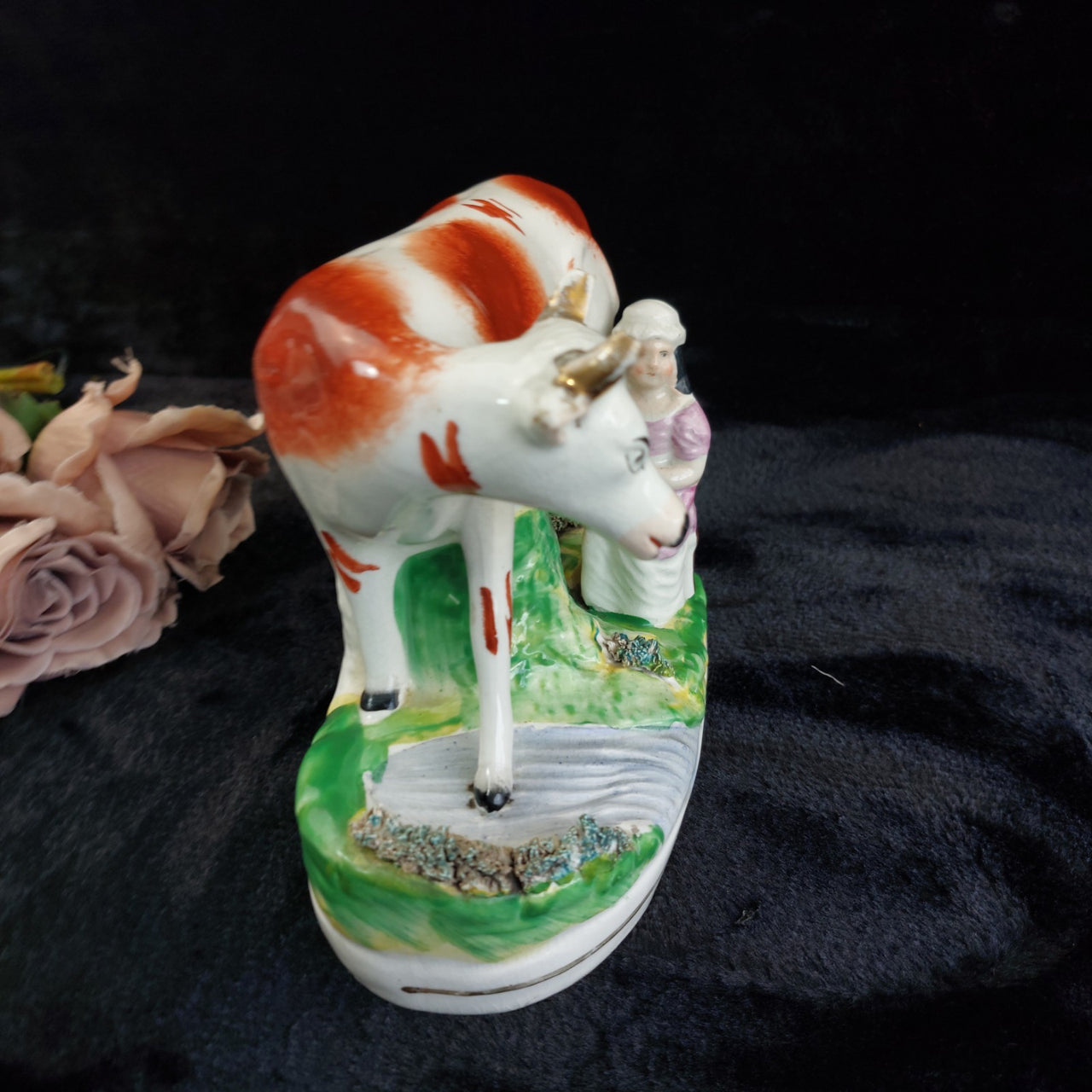 1800s Antique Staffordshire Cow Creamer Figurine 6.5" Milking fireplace decor13