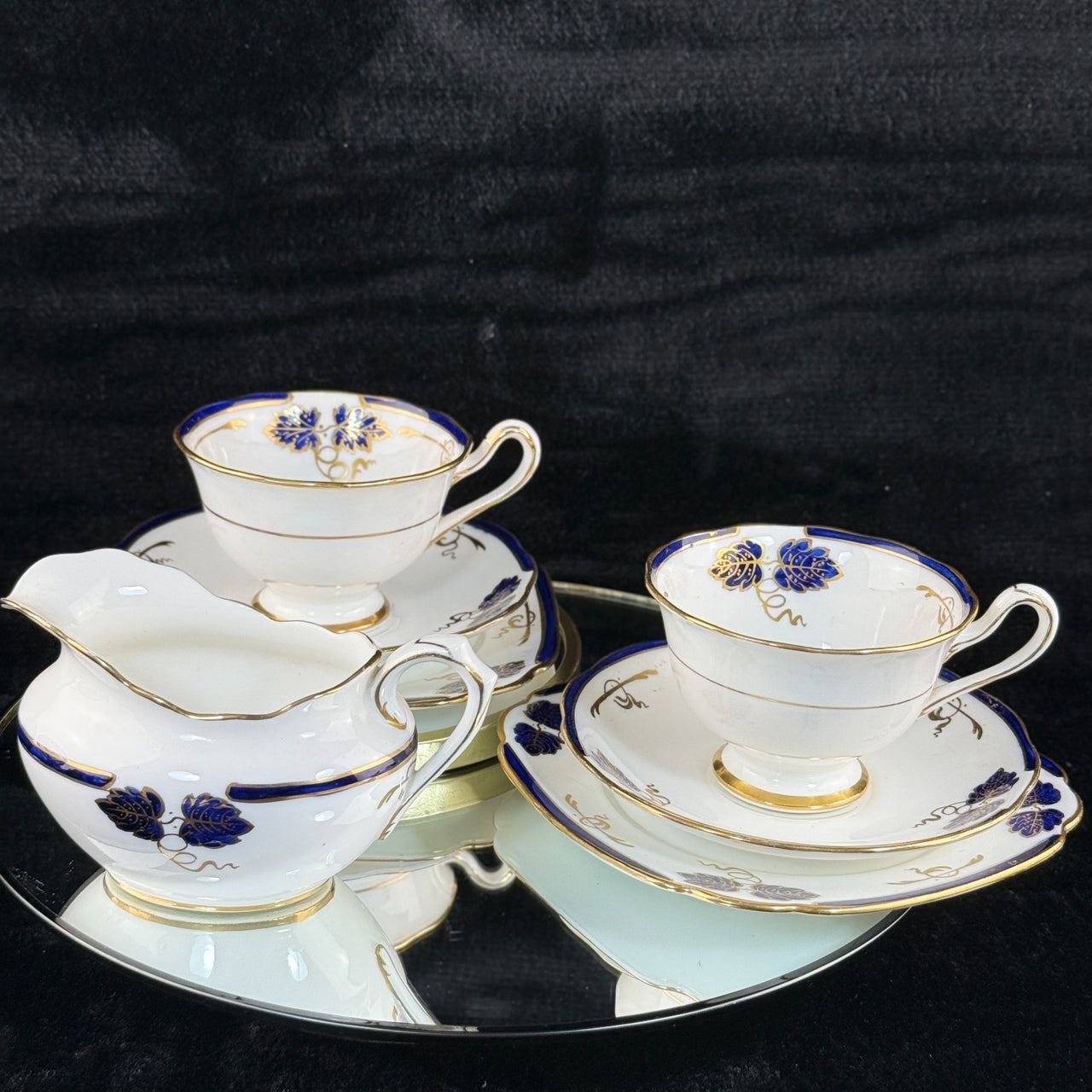 Rare Royal Albert Crown China Blue Gold Leaf Tea Set Trio x2 & Jug England 1930s18