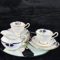 Thumbnail for Rare Royal Albert Crown China Blue Gold Leaf Tea Set Trio x2 & Jug England 1930s18