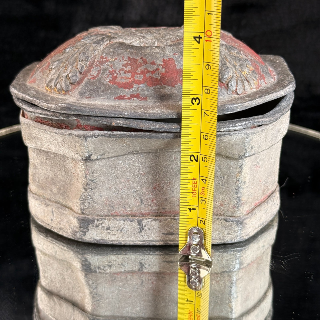 Antique 19th Century Stone Trinket Box Red Floral Relief Lid 5" x 3.5" Heavy13