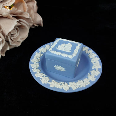 Wedgwood Blue Jasperware Mini Square Trinket Box & Plate Set – Made in England 0