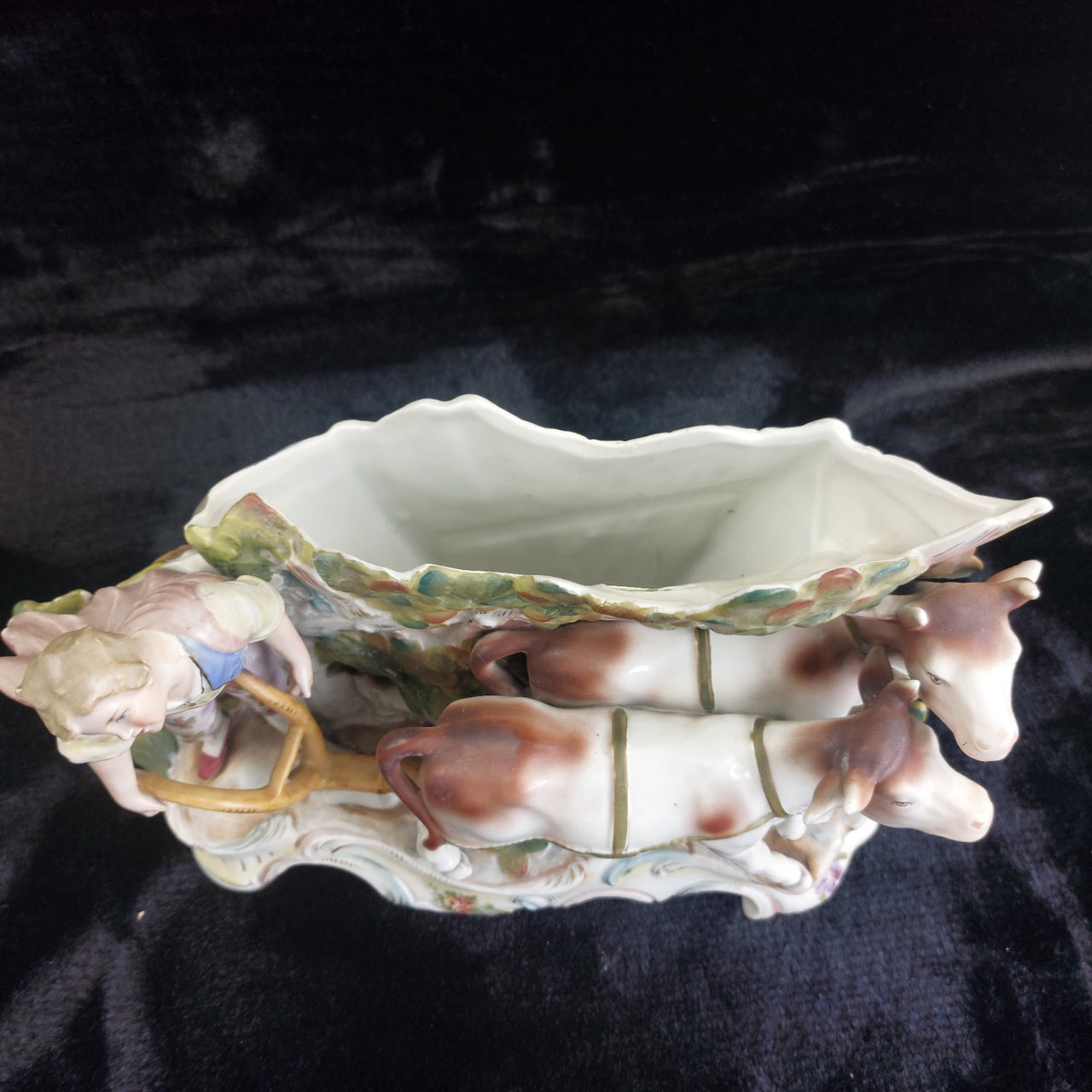 Rococo Antique Dresden Style Figural Group Vase Man Ploughing Oxen Hand Painted8