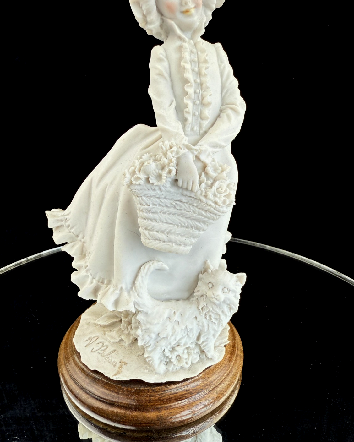 A. Belcari "Girl with Basket and Cat" Figurine Signed & Resin Marble decor Italy11