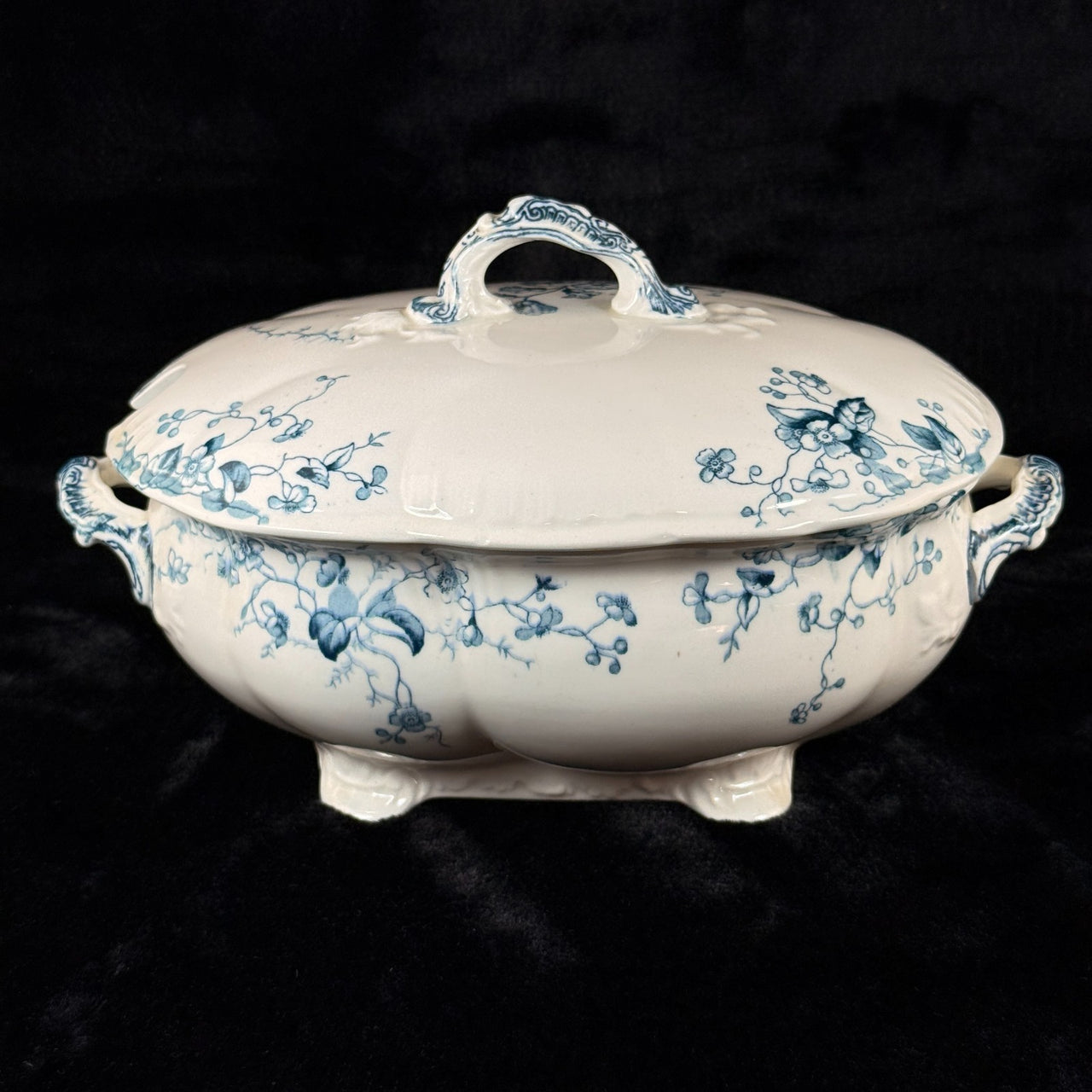 S.H. & Sons 'Ruby' Blue Transferware Tureen Lidded Floral Dish England 11” Large5