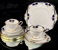 Thumbnail for Rare Royal Albert Crown 1930s Cobalt Blue 2 Trios & Cake Plate Set England. 0