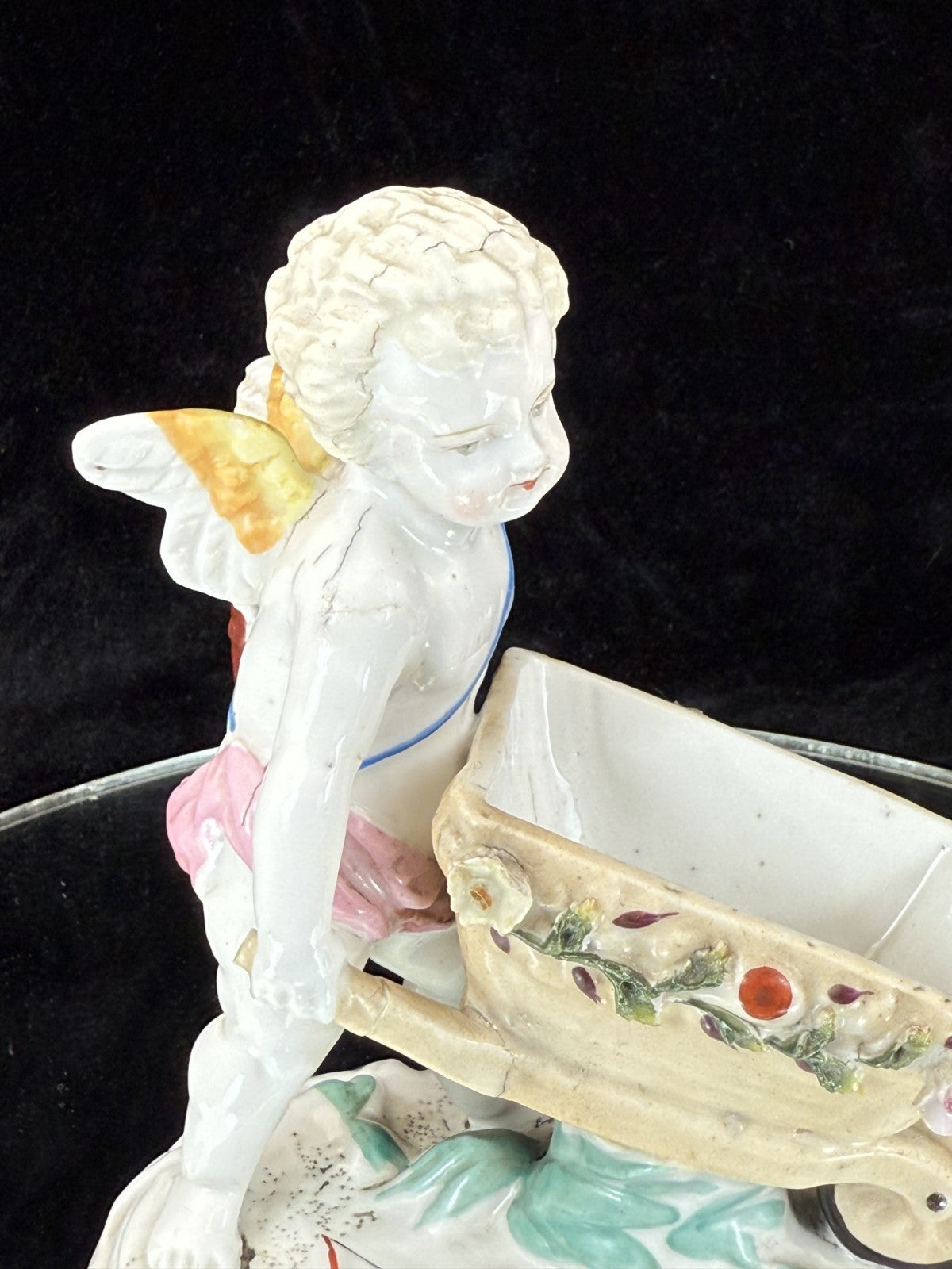 Antique Cupid German Porcelain Figurine w Wheelbarrow Match Holder SPM see pics.5