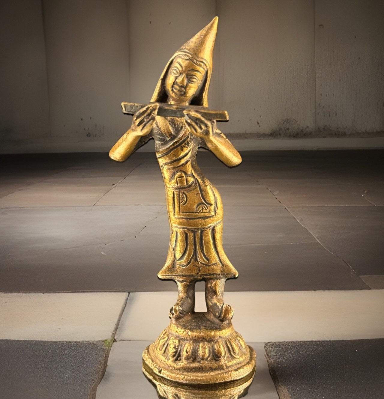 Antique Thai Bronze Dancer Statue Brass Asian Gilt Flute Player Tibetian 4.5” 0