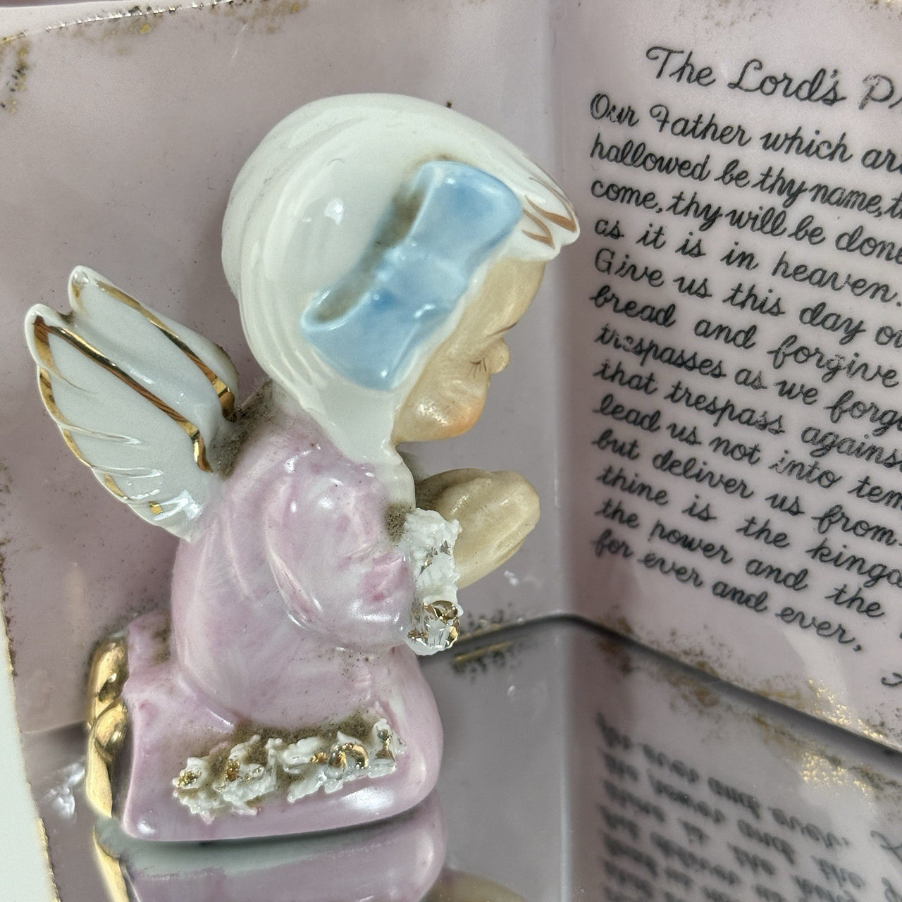 Vintage Ceramic Angel Praying by Lord’s Prayer Book Pink Planter Gift 5”Figurine9