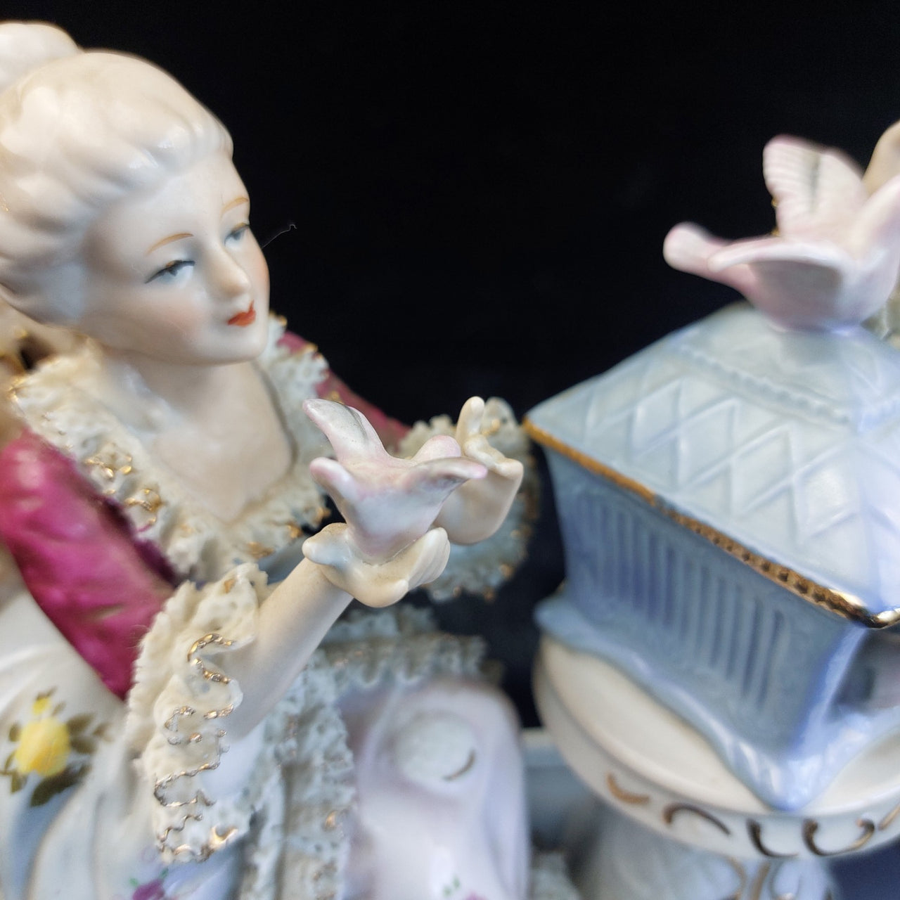 Dresden Style Porcelain Couple with Birds cage –Worn Lace & Tip Damage Gilt 9in16