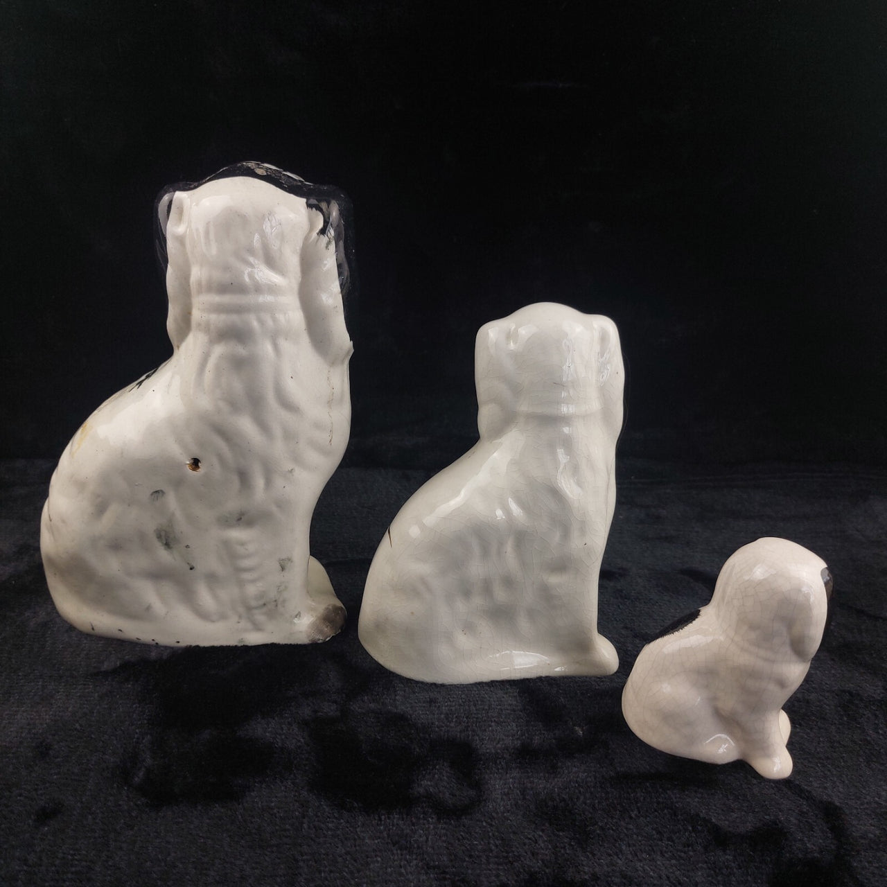 Staffordshire Dog Figures Trio White Black , 7.5 in, 4.5 in Handpaint 9.5" Large5