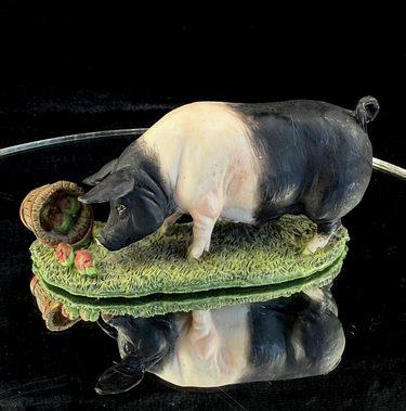 Crown Staffordshire Hand-Painted Pig Figurine with Basket - Fine Art Porcelain d0