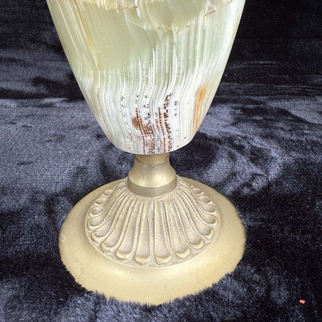 Pair of Brass & Green Onyx Marble Urn Vases Ornate Handles Decorative 35cm15