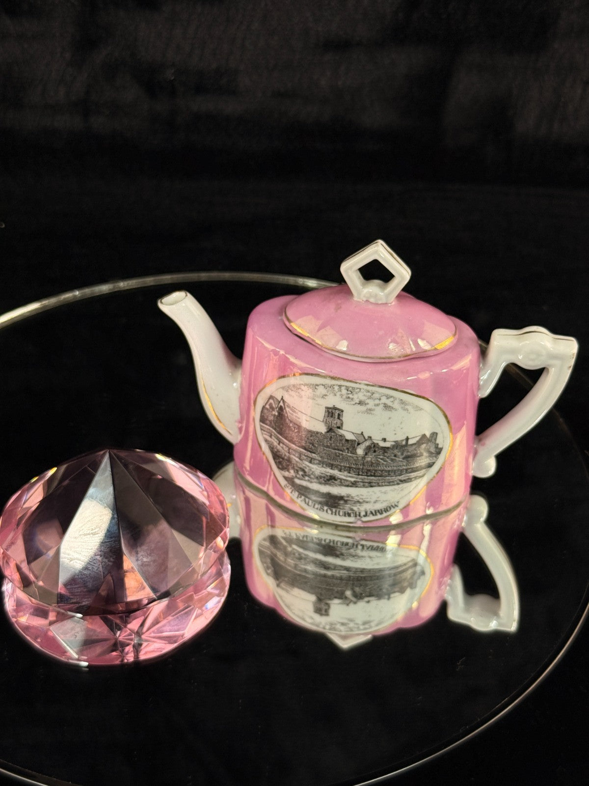 Clear & Pink Collectibles Lot - Miniature Souvenir Teapot & Crystal Diamond Rare9