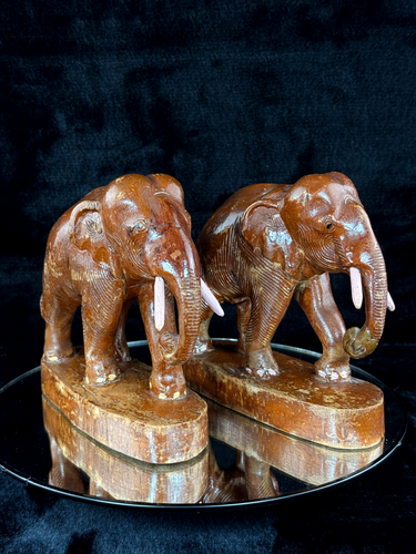 Hand Carved Wooden Elephant Pair –  India Figures with Pink Resin Tusks 7 Vintag1
