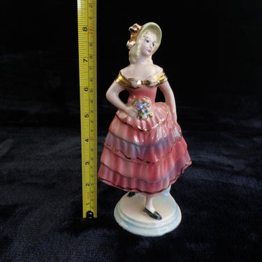 rare Vintage Porcelain Lady Figurine Pink Ruffled Dress Gold Accents1