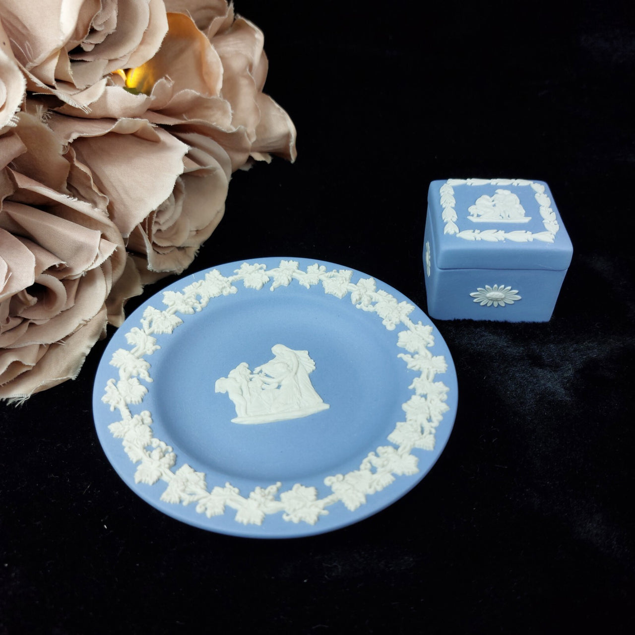 Wedgwood Blue Jasperware Mini Square Trinket Box & Plate Set – England in Made 13