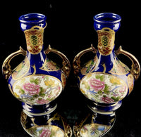 Thumbnail for Japanese Blue Cobalt Porcelain Vases Pair Gold Gilt Floral Moriage Antique Decor2