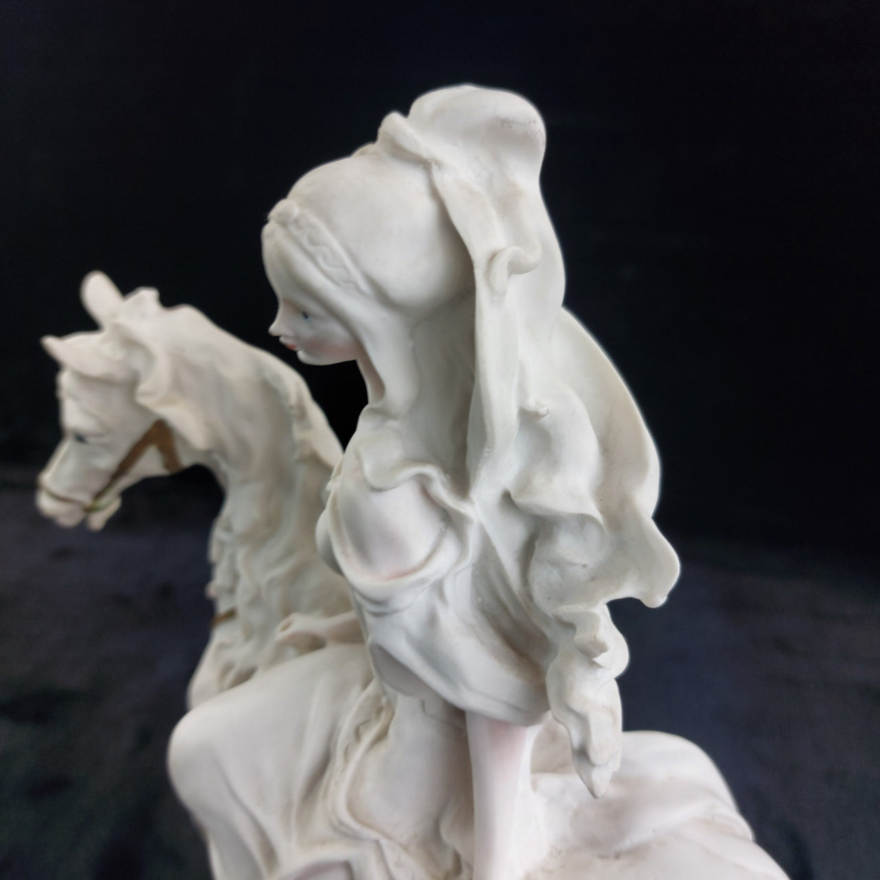 The White Lady Figurine Elegant Matte Bisque Horseback Rider on Wood Base 12"14
