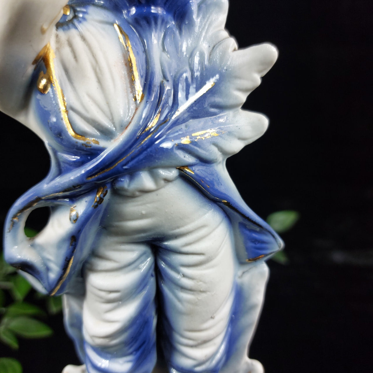Antique German Bisque Porcelain Candle Holder Figurine Blue & Gold Accents 9"6