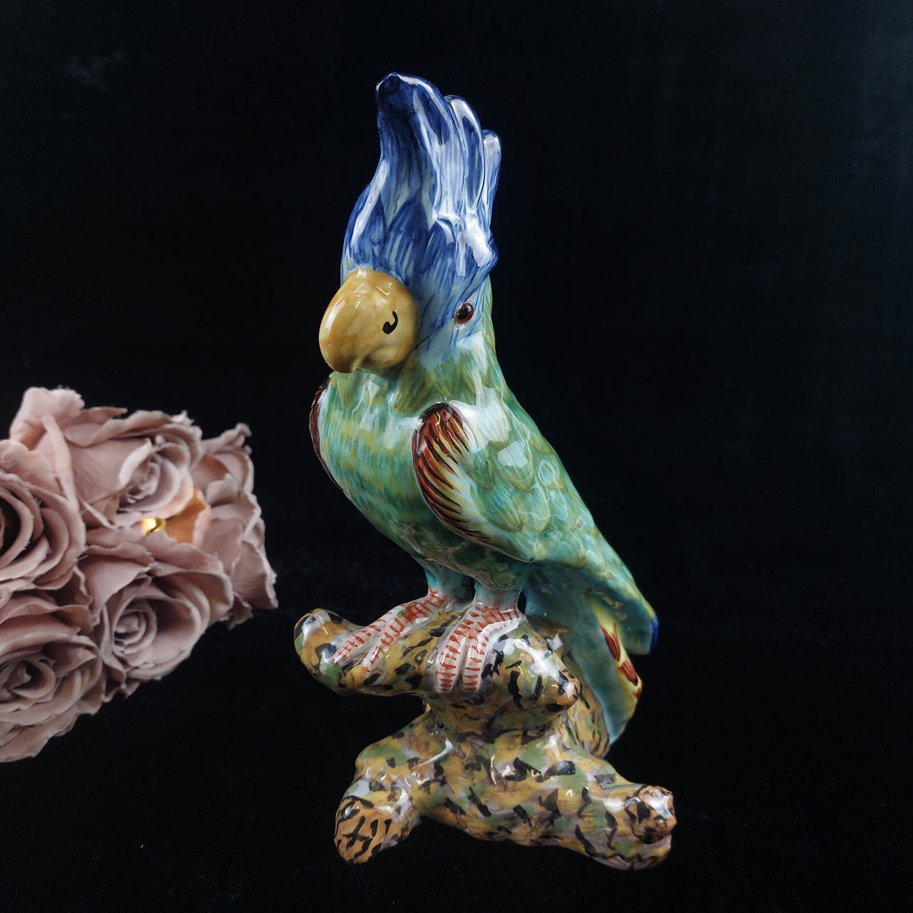 Antique c1890 France Desvres Fourmaintraux Parrot Faience porcelain Cockatoo 10"3