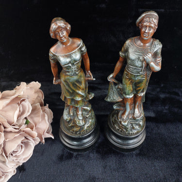 Vintage Pecheur Pecheuse Fisherman & woman Statues Pair Patina Bronze Look1