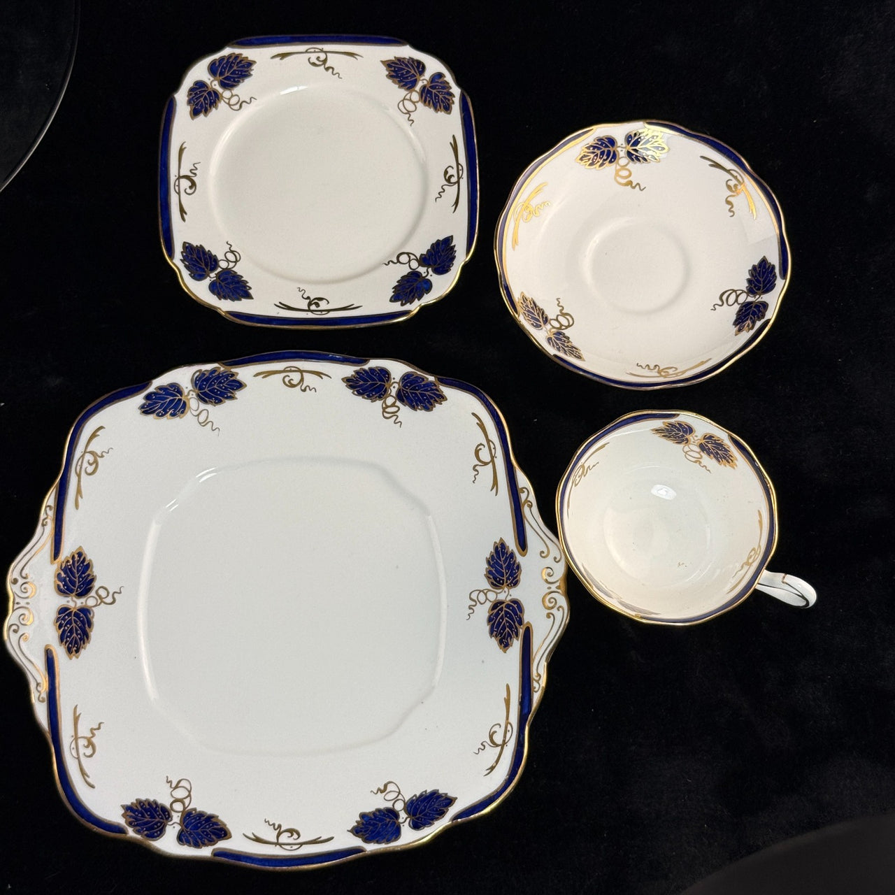 Rare Royal Albert Crown 1930s Blue Cobalt 2 Trios & Cake Plate Set England.13