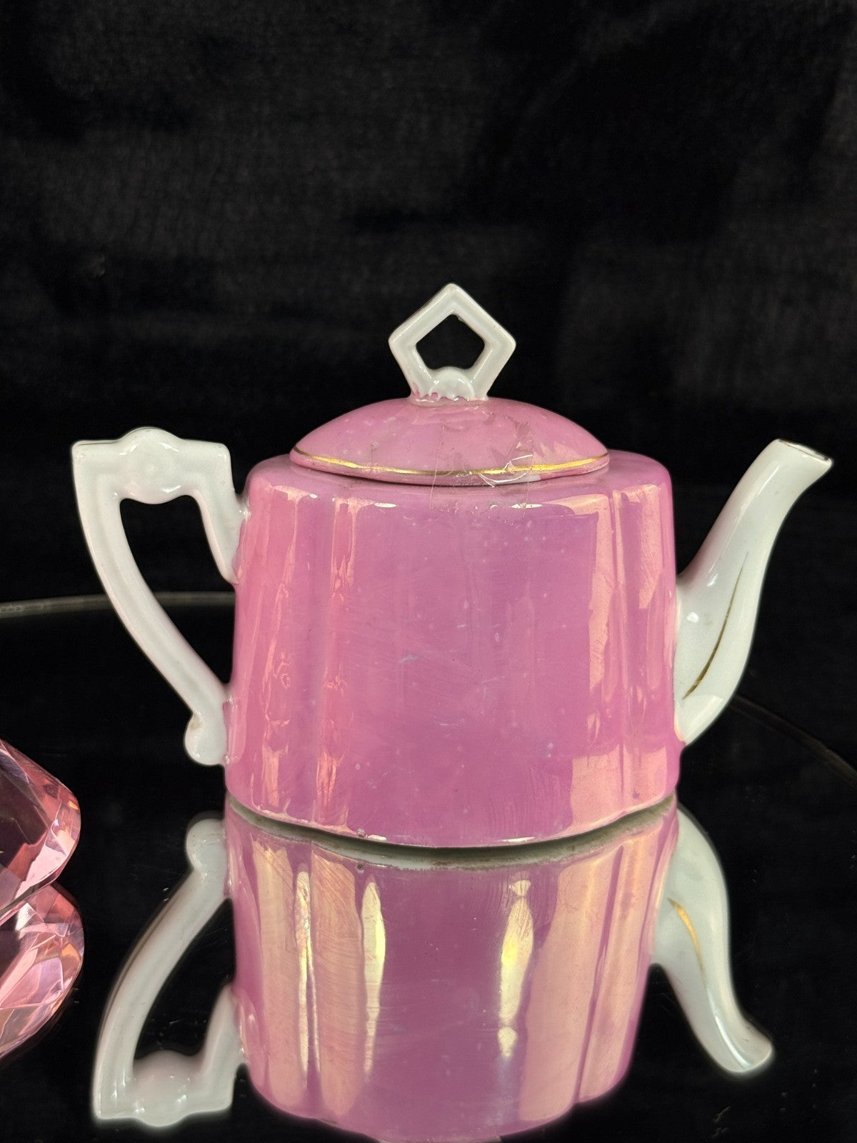 Clear & Pink Collectibles Lot - Miniature Souvenir Teapot & Crystal Diamond Rare4