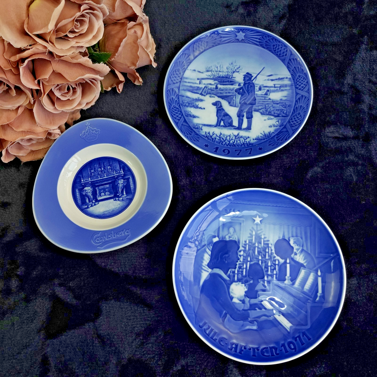 Royal Copenhagen 3 Blue Plates –Carlsberg Collectibles Denmark Set   1977, 1991 0