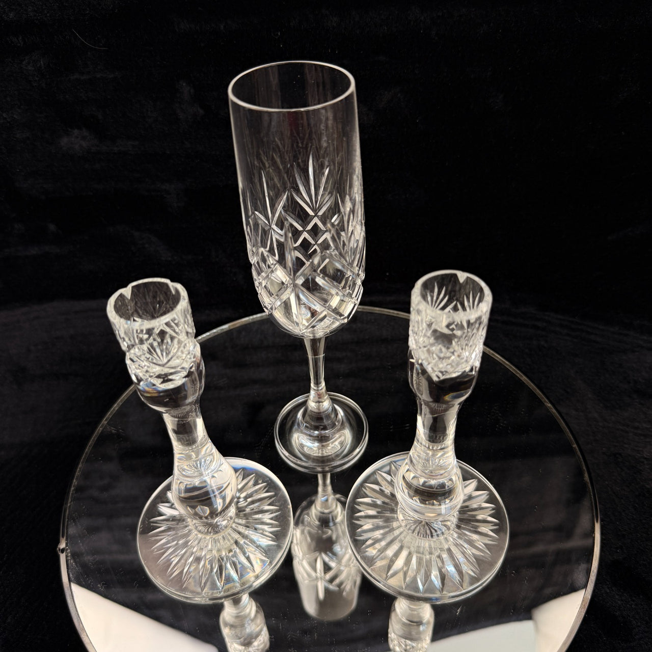 Vintage Cut Crystal Glassware Set – 6 Champagne Flutes & 2 Candlestick Holders7