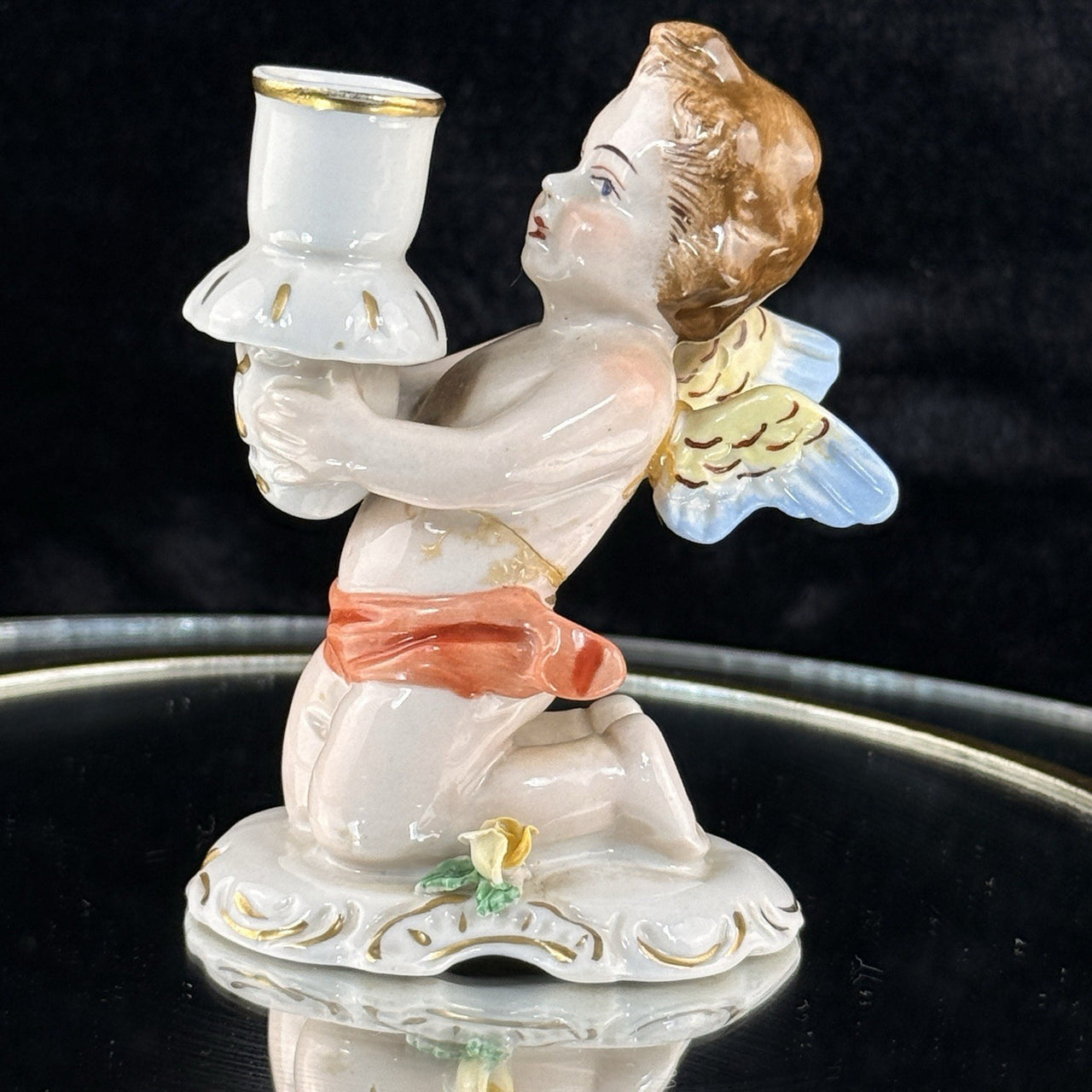 Antique German Dresden Cherub Candle Holder Figurine Winged Putto 3.5” Repaired9