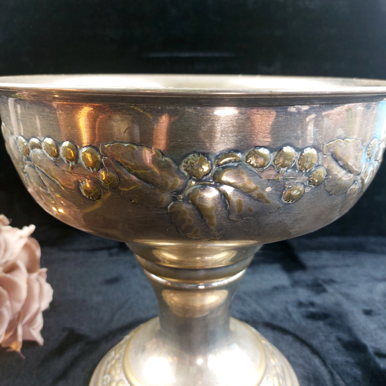 Vintage Brass Pedestal vase Bowl gold Floral Embossed 10" 10" Good Condition7