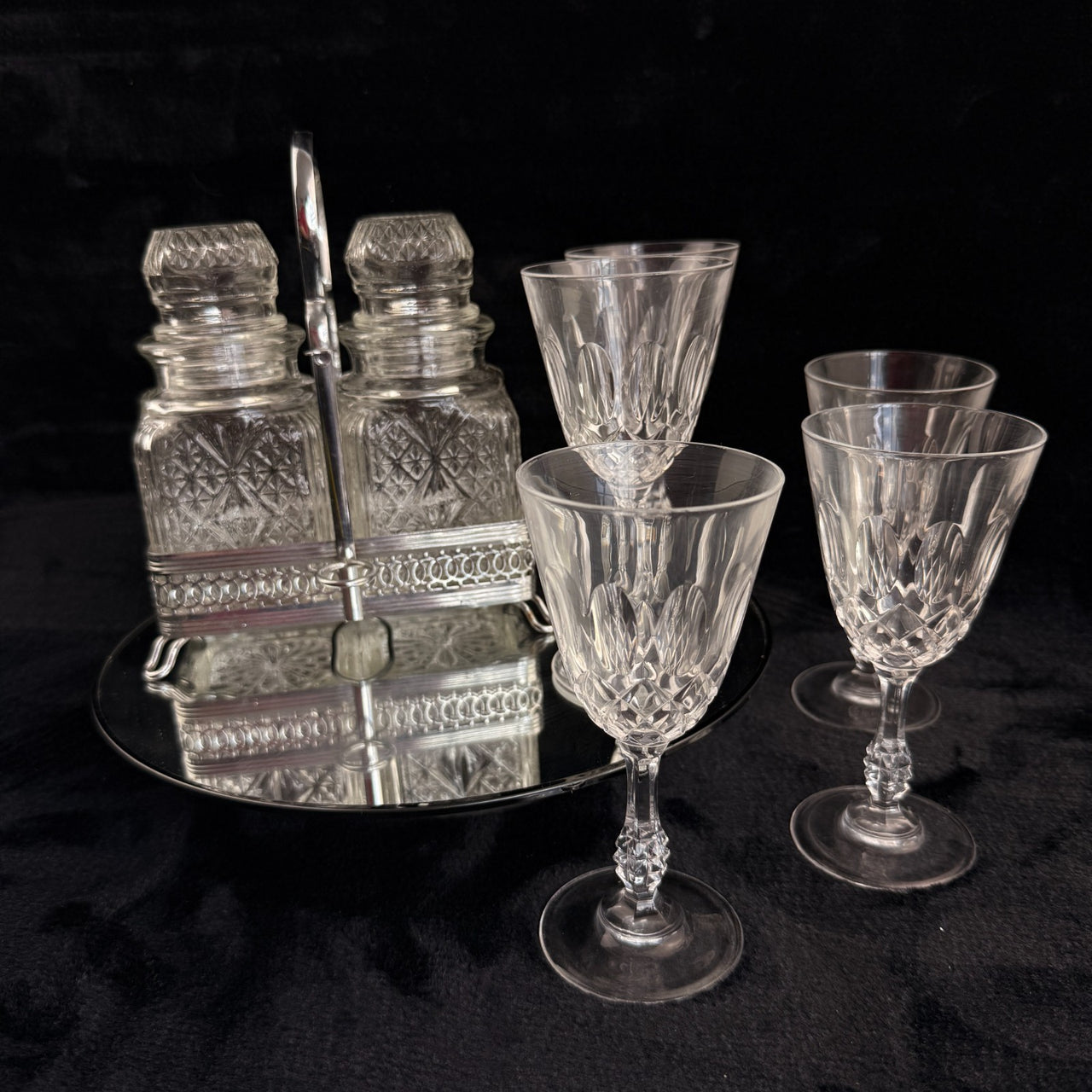 Vintage Cut Crystal Glassware & Spice Jar Set Elegant Tableware 5 Glasses & Jar18