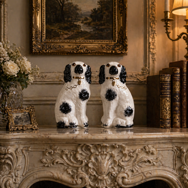 Antique Staffordshire Porcelain Black White Pair King Charles Spaniel Glass eyes0
