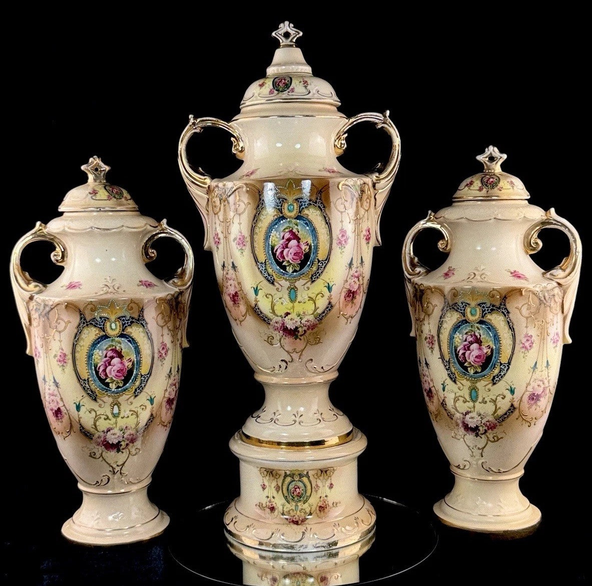 Antique English Alton Ware Urns Set Hand Painted Roses Gilded Porcelain Vase Set1