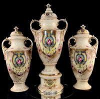 Thumbnail for Antique English Alton Ware Urns Set Hand Painted Roses Gilded Porcelain Vase Set1