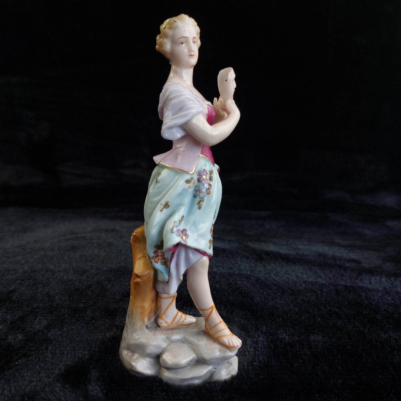German Porcelain Lady Figurine Holding Mask Flowered Dress Victorian Antique4