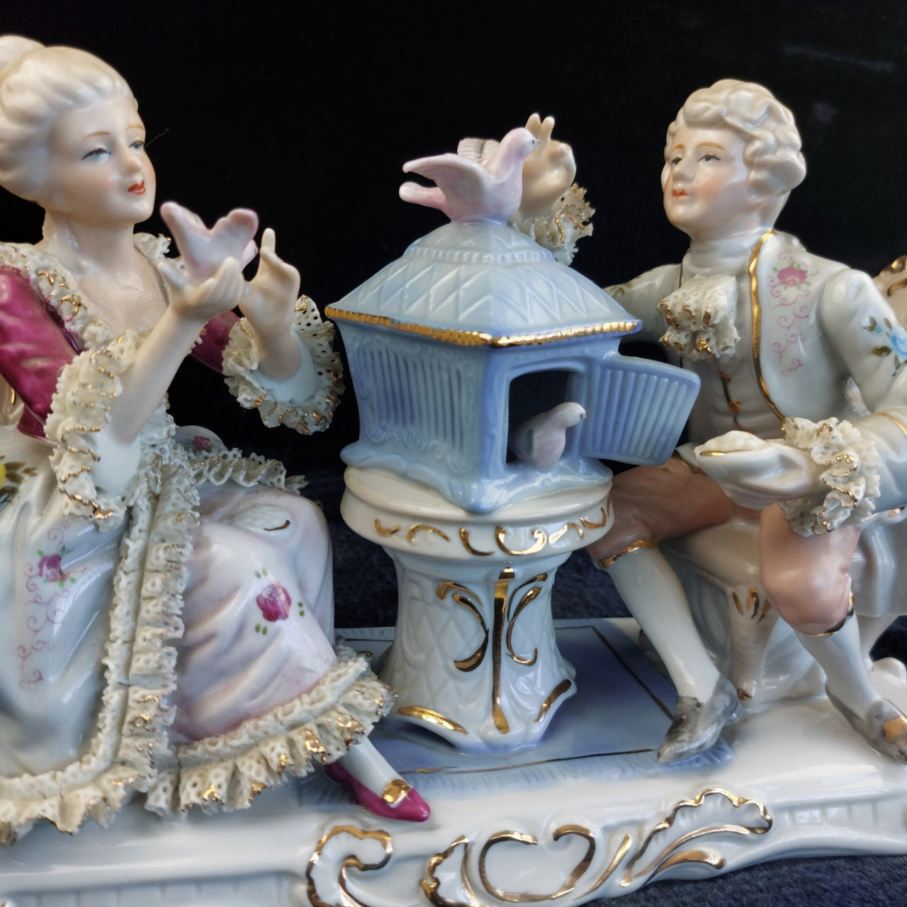 Dresden Style Porcelain Couple with Birds cage –Worn Lace & Tip Damage Gilt 9in4