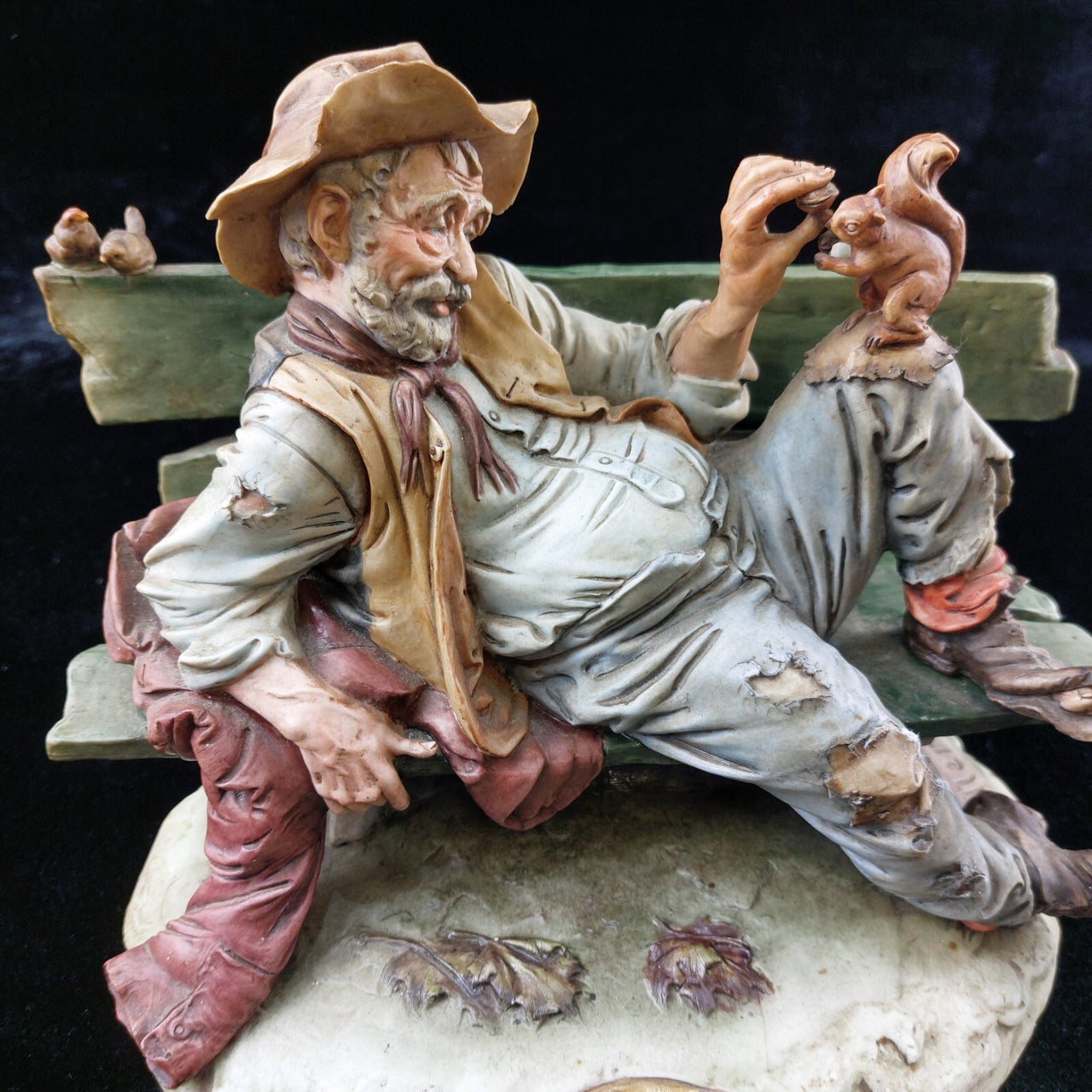 Original Merli Bruno Figurine Capodimonte Italy old Man on Bench with Squirrel4